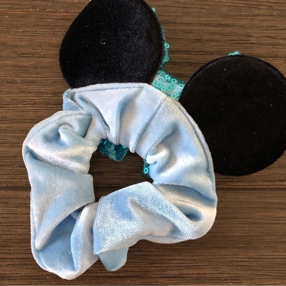 Blue velvet and sequin Mickey ear hair scrunchie